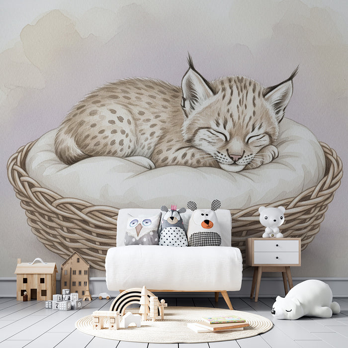Papier peint chambre bébé | Petit lynx endormi dans son panier