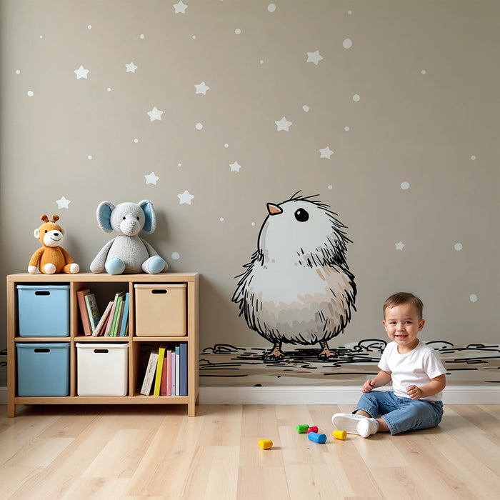 Nursery room wallpaper | Little bird amazed under a starry sky