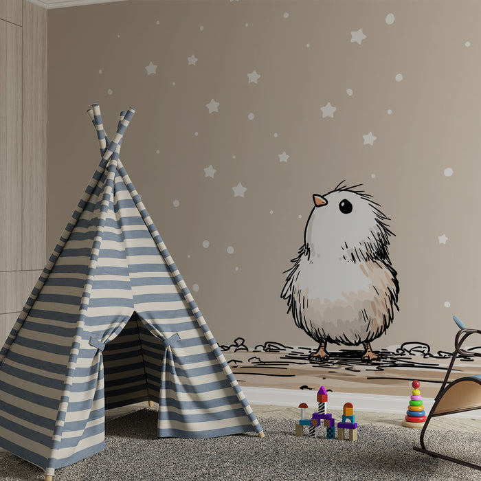 Nursery room wallpaper | Little bird amazed under a starry sky
