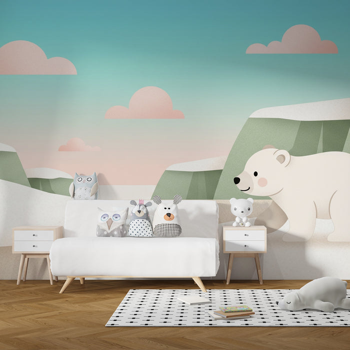Papel pintado infantil | Oso polar y paisajes nevados