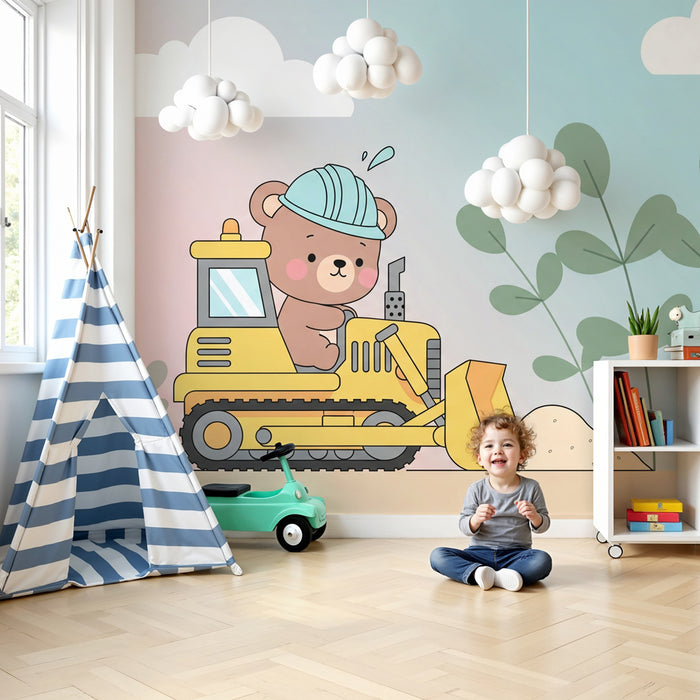 Carta da parati bambini | Piccolo orso conducente di bulldozer