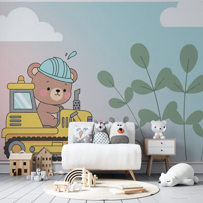 Carta da parati bambini | Piccolo orso conducente di bulldozer