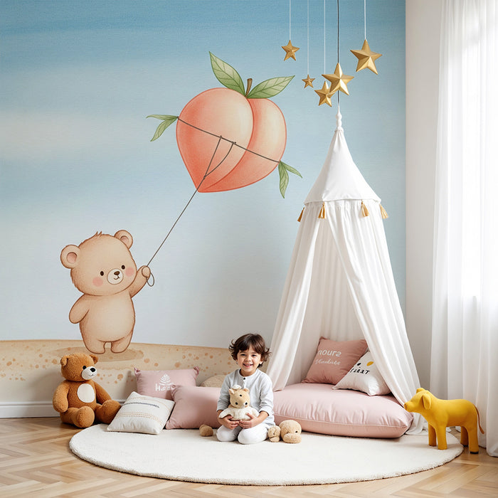Papier peint chambre bébé | Petit ours et ballon de pêches