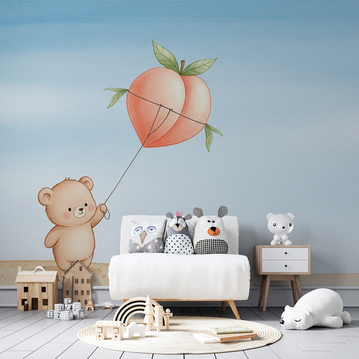 Papier peint chambre bébé | Petit ours et ballon de pêches