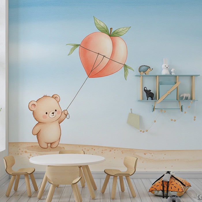 Papier peint chambre bébé | Petit ours et ballon de pêches