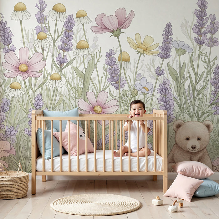 Lastenhuoneen tapetti | Pieni karhu ja villejä kukkia