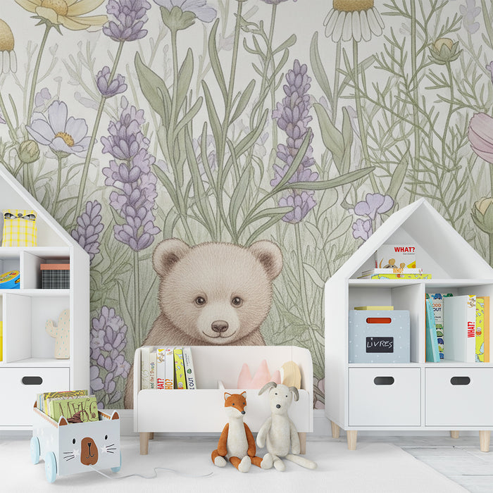 Lastenhuoneen tapetti | Pieni karhu ja villejä kukkia