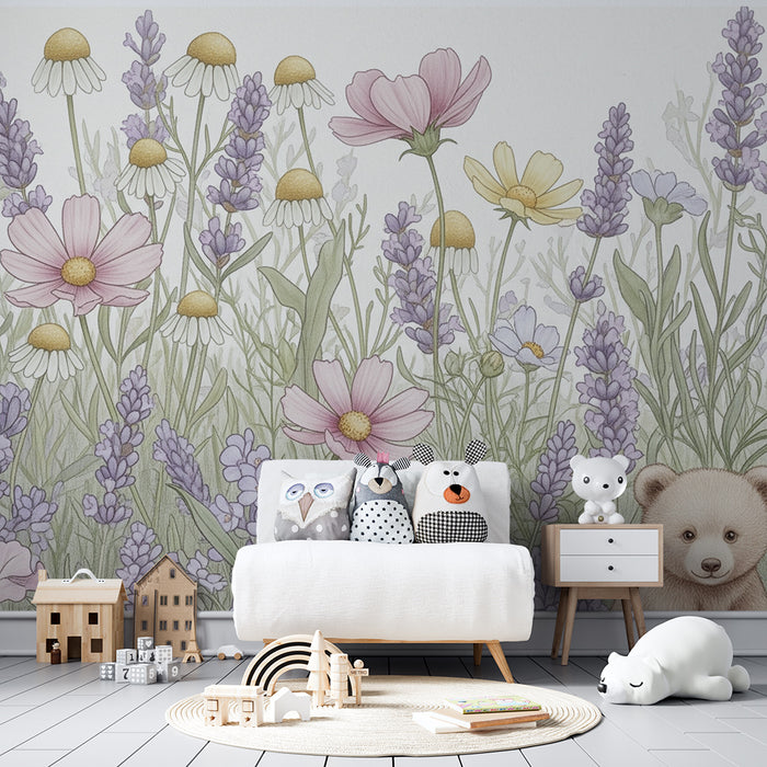 Lastenhuoneen tapetti | Pieni karhu ja villejä kukkia
