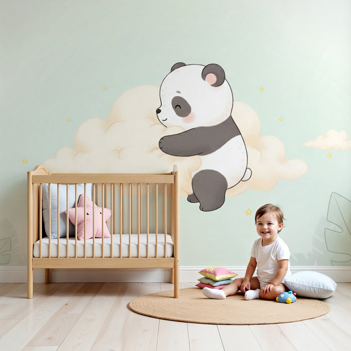 Papel de parede quarto bebê | Pequeno panda nas nuvens