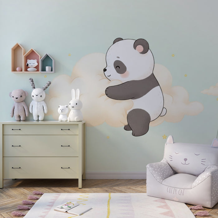 Papel de parede quarto bebê | Pequeno panda nas nuvens