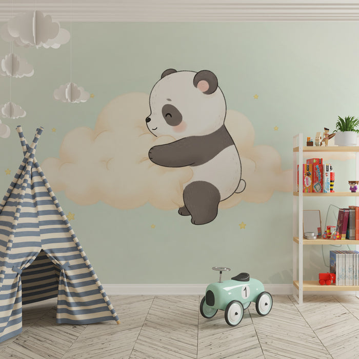 Papel de parede quarto bebê | Pequeno panda nas nuvens