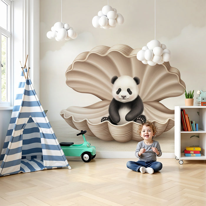 Papier peint chambre bébé | Petit panda dans une coquille