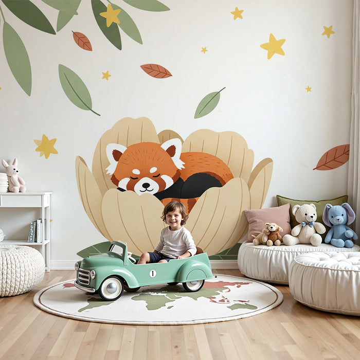 Papier peint chambre bébé | Petit panda endormi dans une fleur