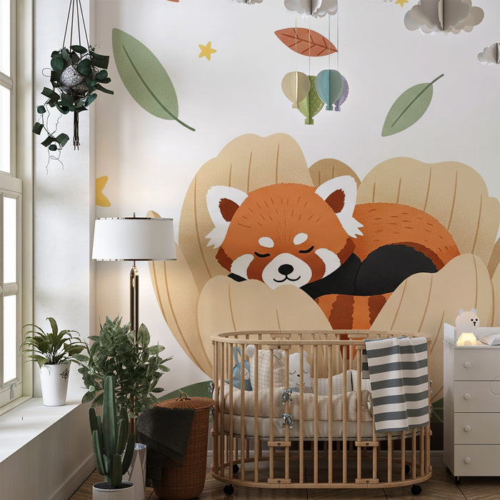 Papier peint chambre bébé | Petit panda endormi dans une fleur