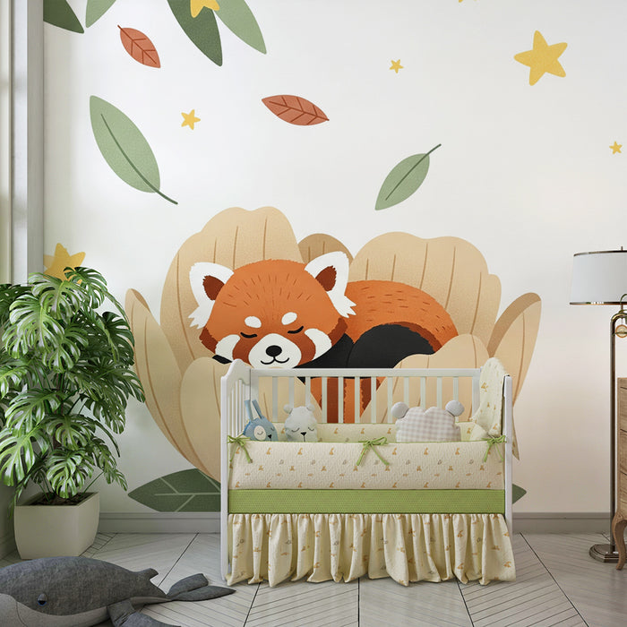Papier peint chambre bébé | Petit panda endormi dans une fleur