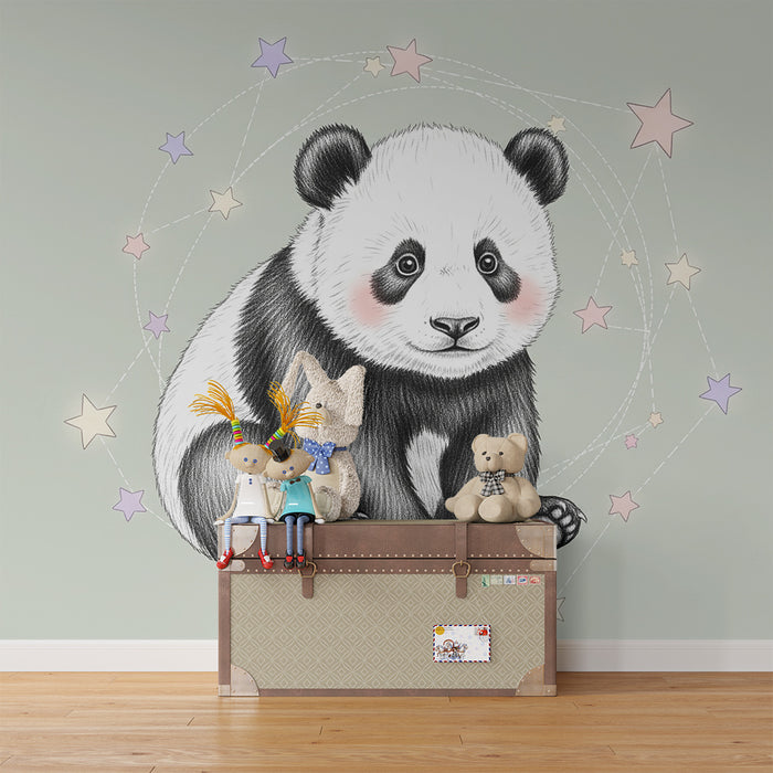 Tapet pentru camera de copii | Panda mic și stele