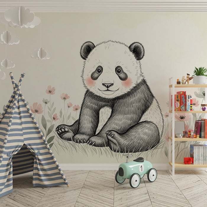 Papel de parede quarto bebê | Pequeno panda e flores delicadas
