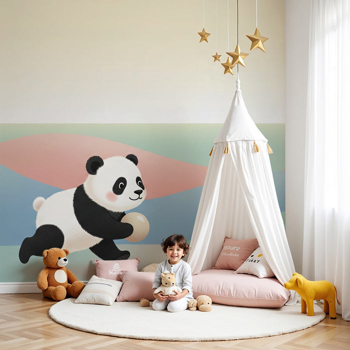 Papier peint chambre bébé | Petit panda joueur sur fond pastel