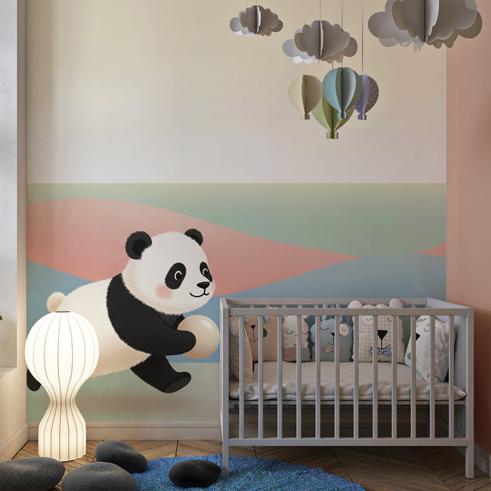 Papier peint chambre bébé | Petit panda joueur sur fond pastel