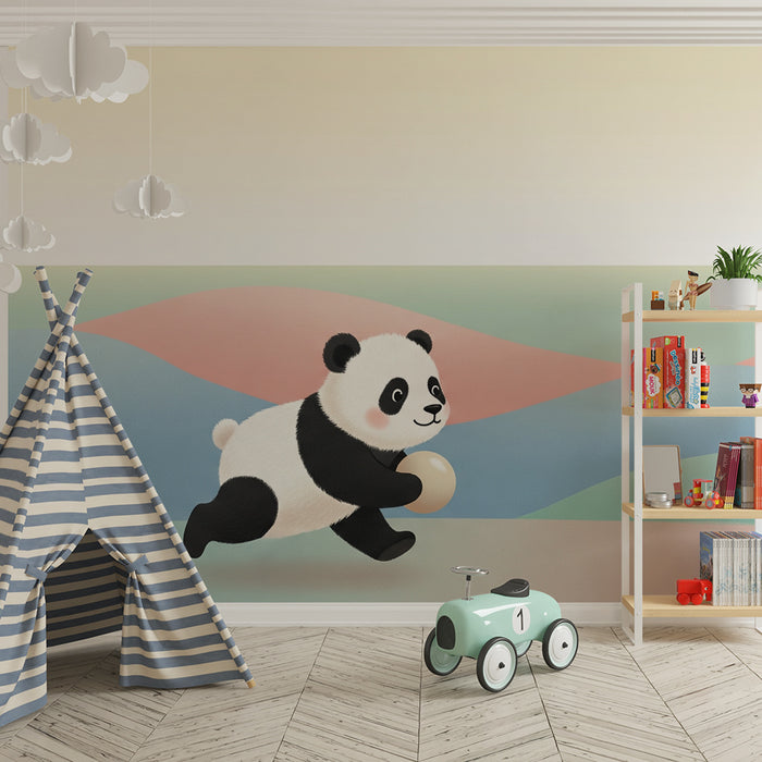 Papier peint chambre bébé | Petit panda joueur sur fond pastel