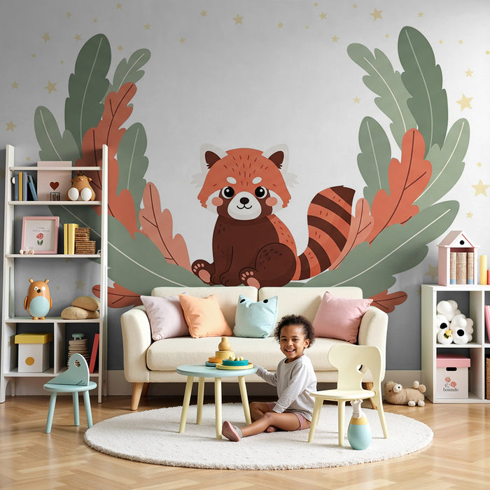 Papier peint chambre bébé | Petit panda roux dans un cadre floral