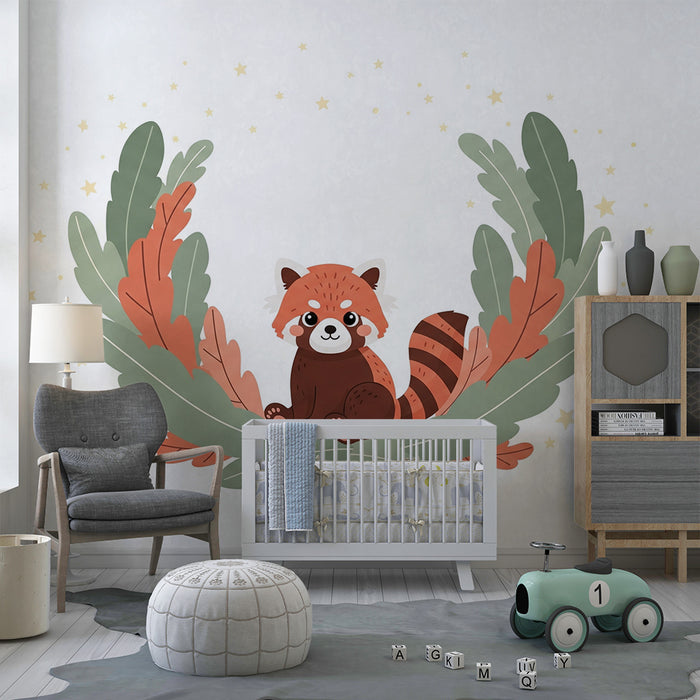 Papier peint chambre bébé | Petit panda roux dans un cadre floral
