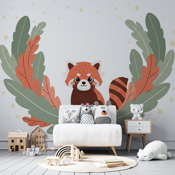 Papier peint chambre bébé | Petit panda roux dans un cadre floral