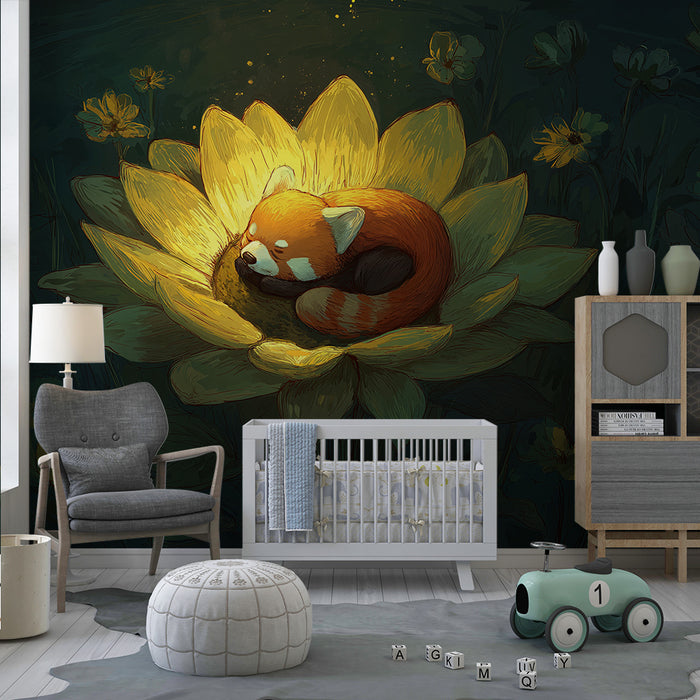 Barntapet | Liten röd panda sovande i en ljus blomma