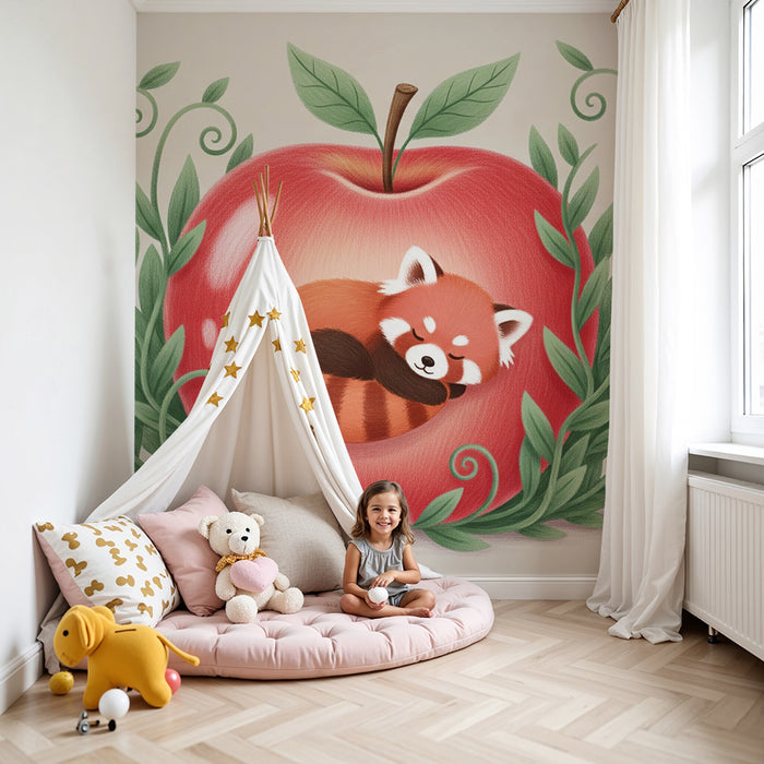 Papier peint chambre bébé | Petit panda roux endormi dans une pomme