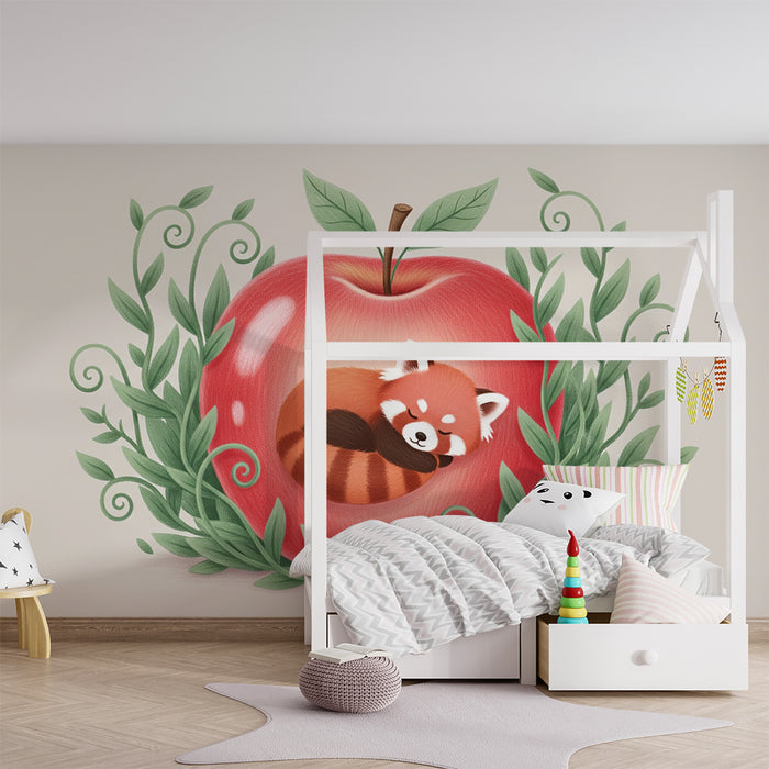 Papier peint chambre bébé | Petit panda roux endormi dans une pomme