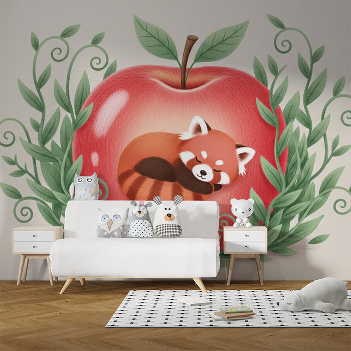 Papier peint chambre bébé | Petit panda roux endormi dans une pomme