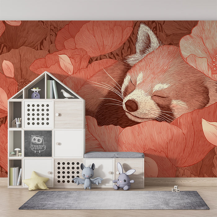 Barntapet | Liten sovande röd panda omgiven av delikata blommor