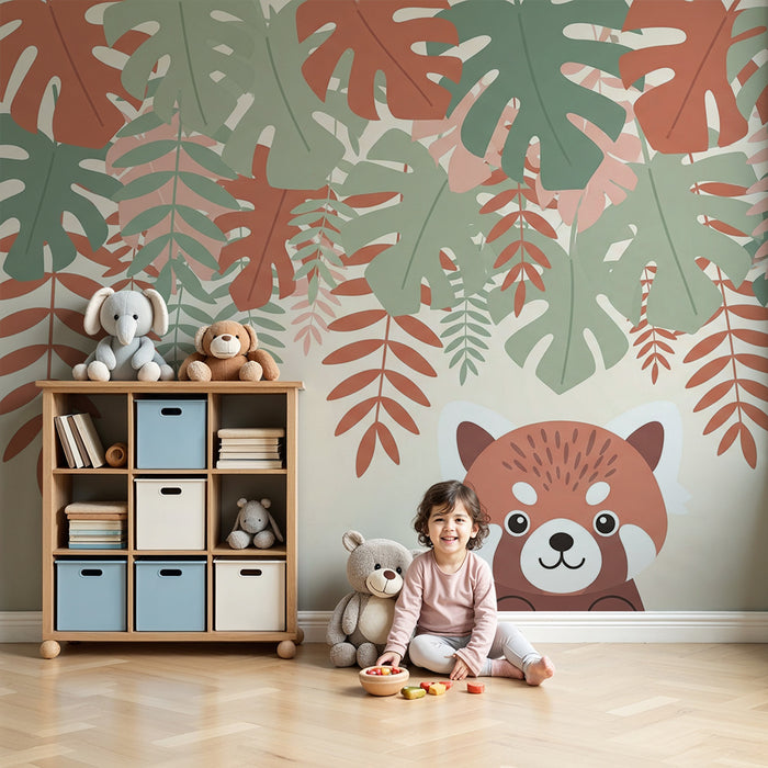Barntapet | Liten röd panda och tropiskt lövverk