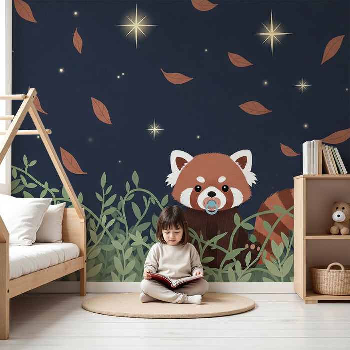 Papier peint chambre bébé | Petit panda roux sous les étoiles