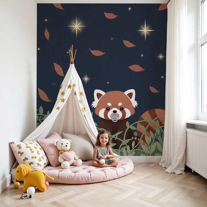 Papier peint chambre bébé | Petit panda roux sous les étoiles