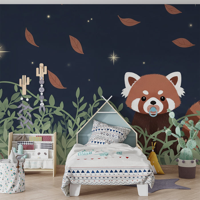 Papier peint chambre bébé | Petit panda roux sous les étoiles