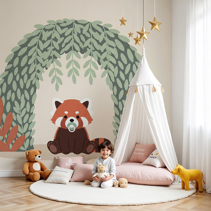 Papier peint chambre bébé | Petit panda roux sous un arc de verdure