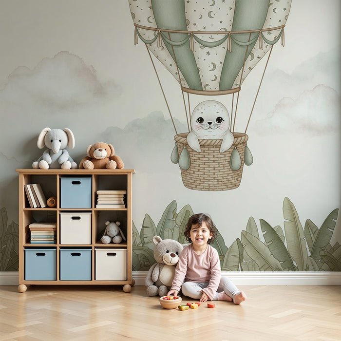 Tapet pentru camera de copii | Focă mică în balon cu aer cald