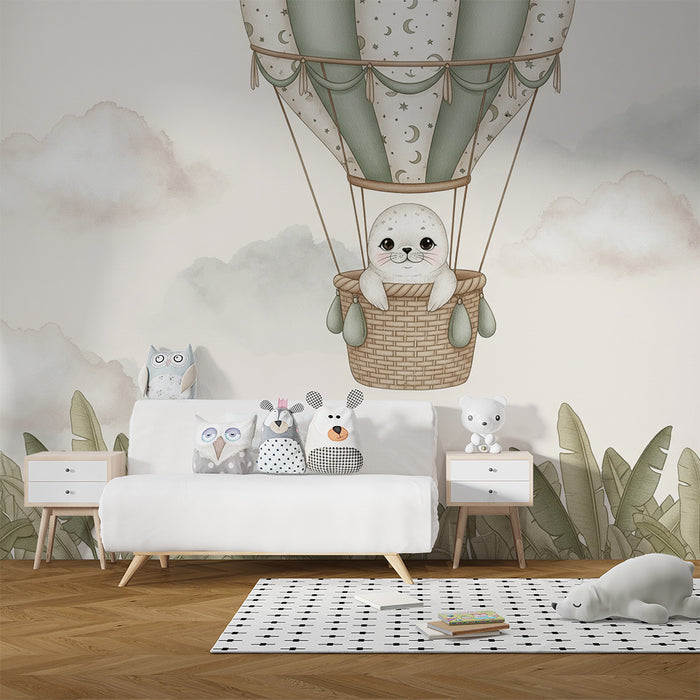 Tapet pentru camera de copii | Focă mică în balon cu aer cald