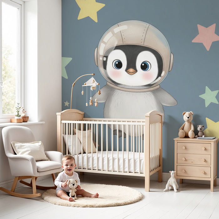 Papier peint chambre bébé | Petit pingouin astronaute et étoiles colorées
