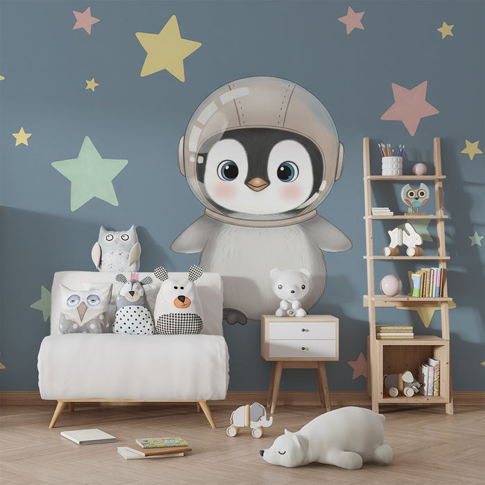 Papier peint chambre bébé | Petit pingouin astronaute et étoiles colorées