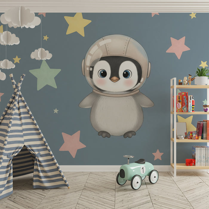Papier peint chambre bébé | Petit pingouin astronaute et étoiles colorées
