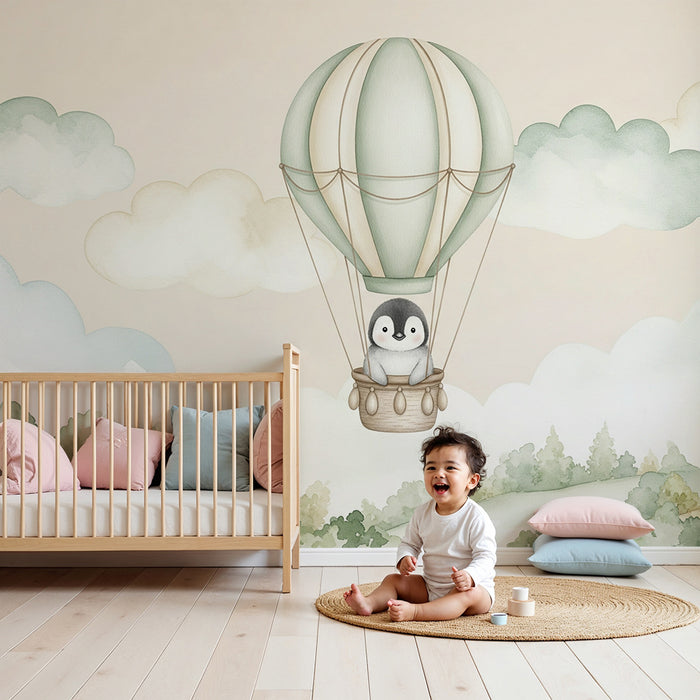 Papel de parede quarto bebê | Pequeno pinguim em um balão dirigível