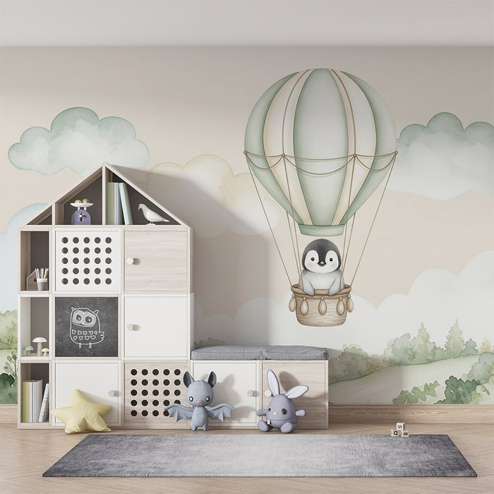 Papel de parede quarto bebê | Pequeno pinguim em um balão dirigível