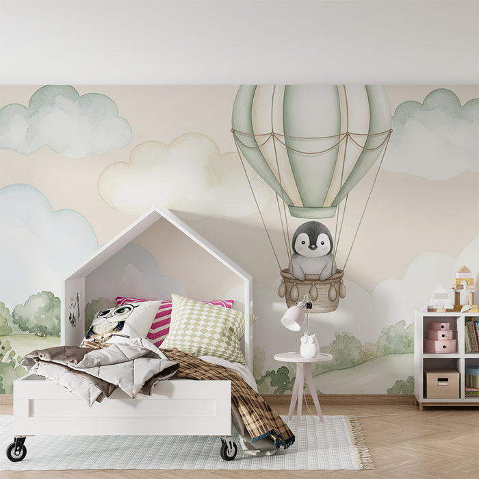 Papel de parede quarto bebê | Pequeno pinguim em um balão dirigível