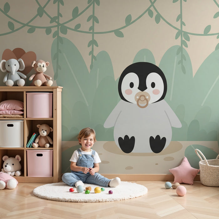 Papier de parede quarto bebê | Malý tučňák v kvetoucí zahradě