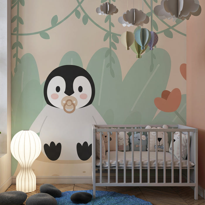 Papier de parede quarto bebê | Malý tučňák v kvetoucí zahradě