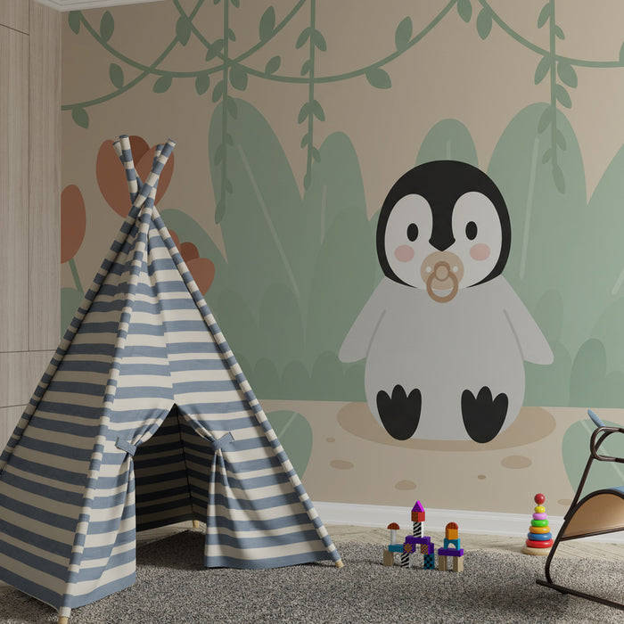 Papier de parede quarto bebê | Malý tučňák v kvetoucí zahradě