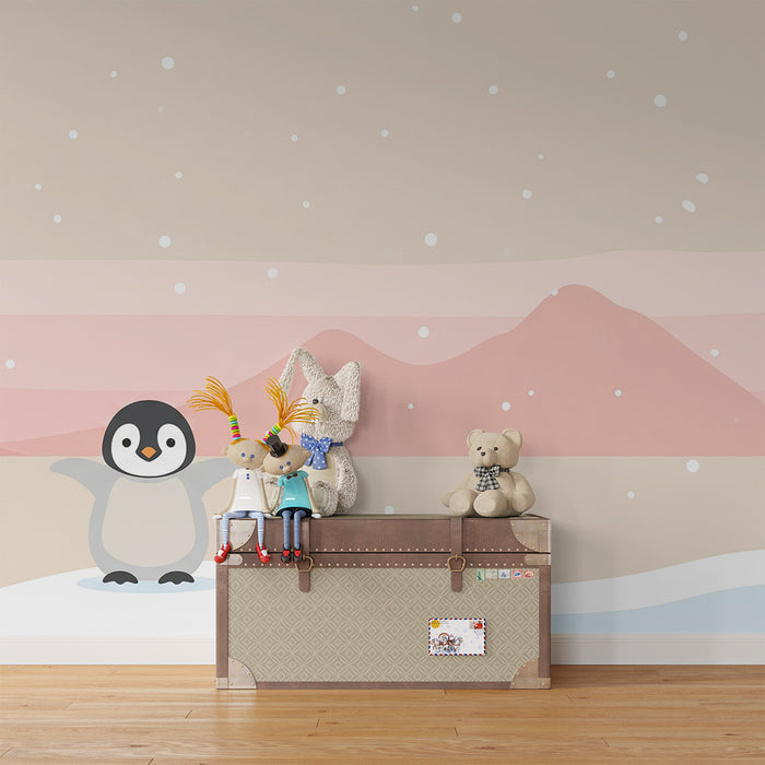 Tapet pentru camera de bebeluși | Puținul pinguin într-un peisaj iernatic dulce
