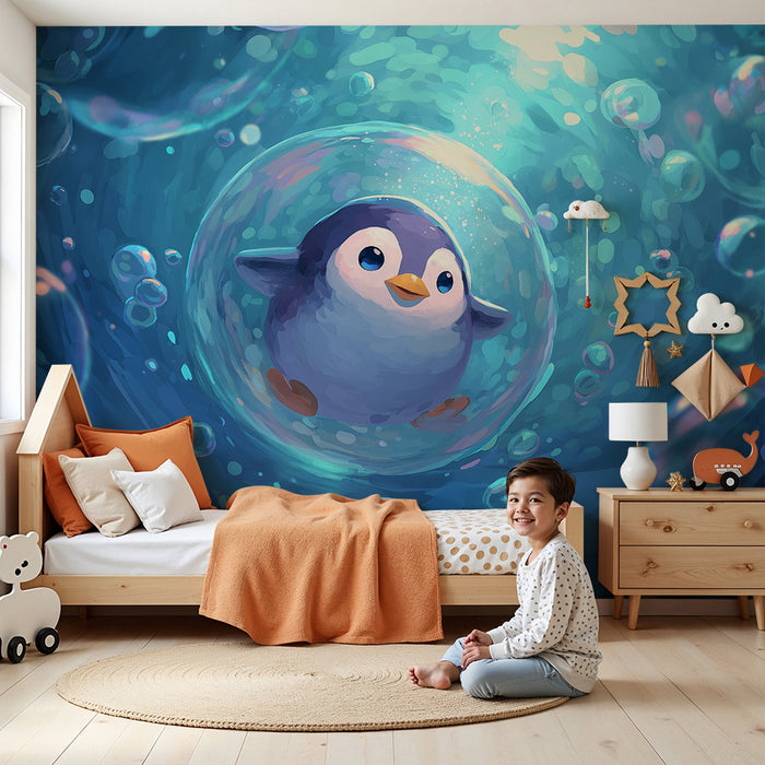 Babykamer behang | Kleine pinguïn in een onderwaterbel
